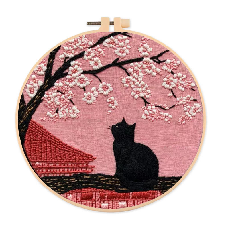 Rubbyoo Embroidery Kit - Sakura Cat Kyoto | Oriental-inspired Diy | Whimsical Wall Art Kit - 20*20cm - image 1