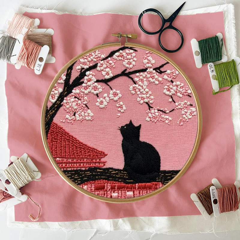Rubbyoo Embroidery Kit - Sakura Cat Kyoto | Oriental-inspired Diy | Whimsical Wall Art Kit - image 3