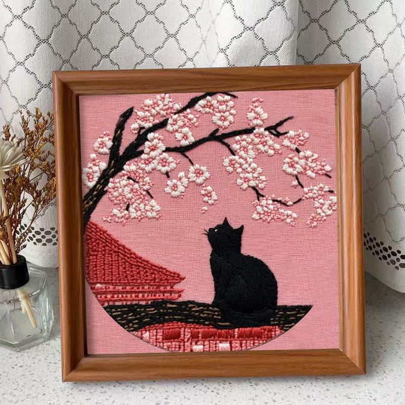 Rubbyoo Embroidery Kit - Sakura Cat Kyoto | Oriental-inspired Diy | Whimsical Wall Art Kit - Embroidery Kit Plus An Extra Frame - image 2