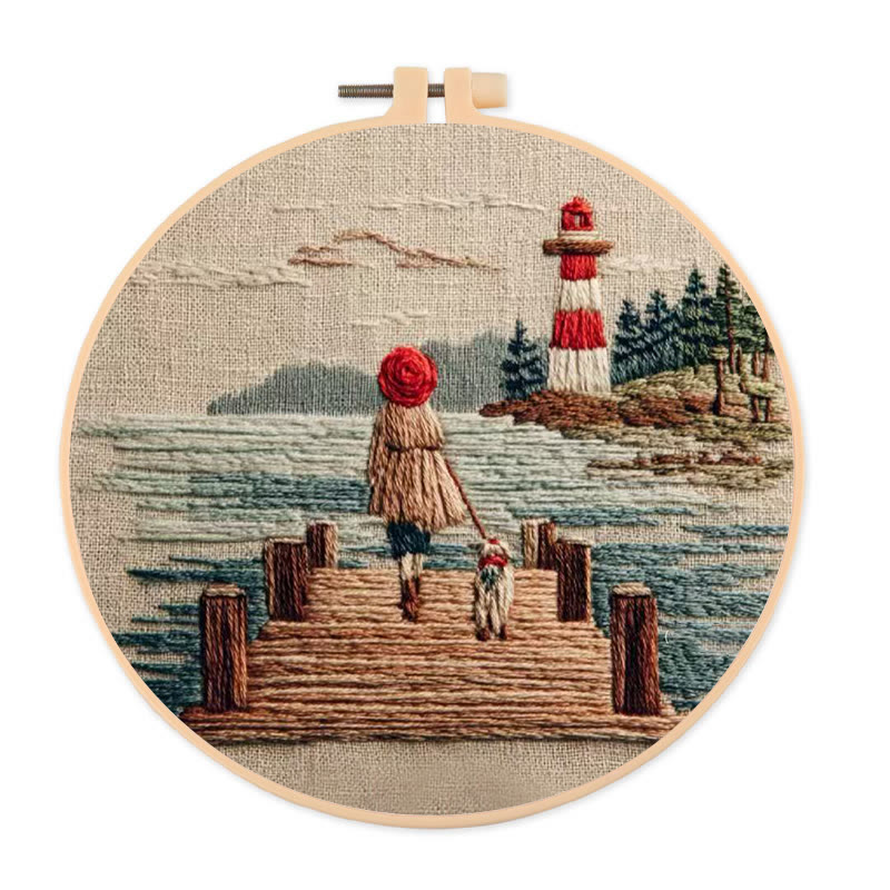 Rubbyoo Embroidery Kit - Coastal Lighthouse Walk with Pet | Nestlike Craft | Presentable Warm Living Wall Art - 20*20cm - image 1