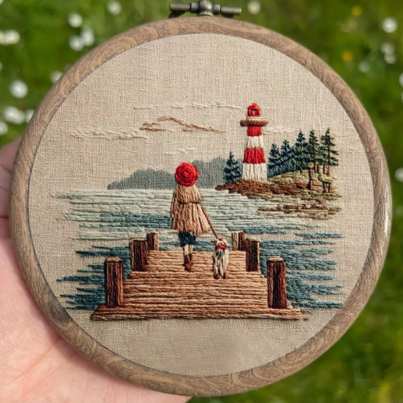 Rubbyoo Embroidery Kit - Coastal Lighthouse Walk with Pet | Nestlike Craft | Presentable Warm Living Wall Art - image 3