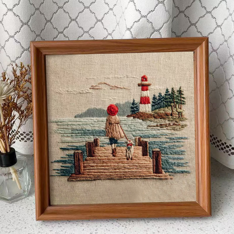 Rubbyoo Embroidery Kit - Coastal Lighthouse Walk with Pet | Nestlike Craft | Presentable Warm Living Wall Art - Embroidery Kit Plus An Extra Frame - image 2
