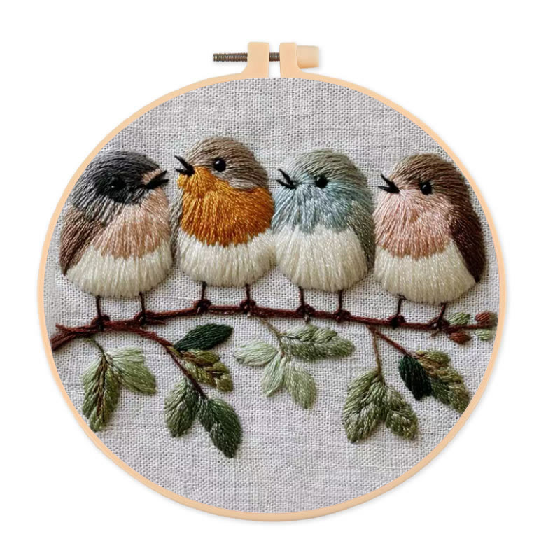 Rubbyoo Embroidery Kit - Four Birds on Branch | Modern Embroidery Hoop | Charming Wall Decor - 20*20cm - image 1