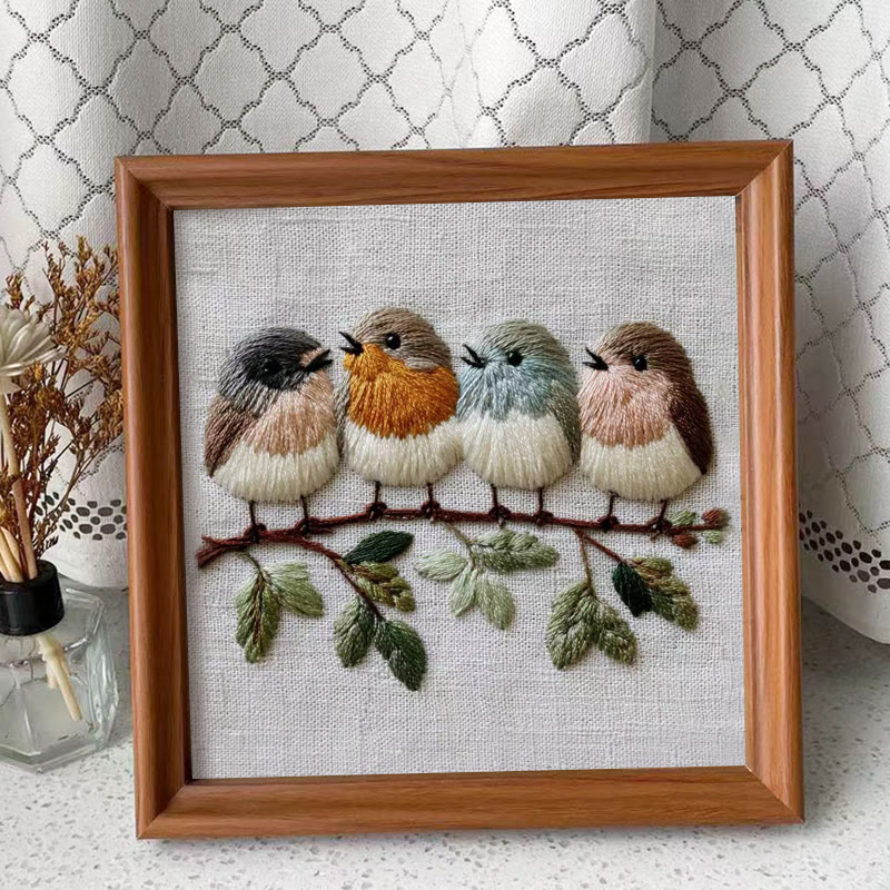 Rubbyoo Embroidery Kit - Four Birds on Branch | Modern Embroidery Hoop | Charming Wall Decor - Embroidery Kit Plus An Extra Frame - image 2