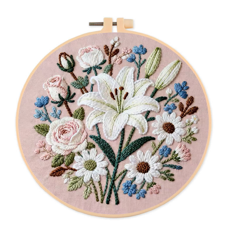 Rubbyoo Embroidery Kit - Lily Rose Floral Medley | Floral Embroidery | Giftworthy Elegant Wall Accent - 20*20cm - image 1