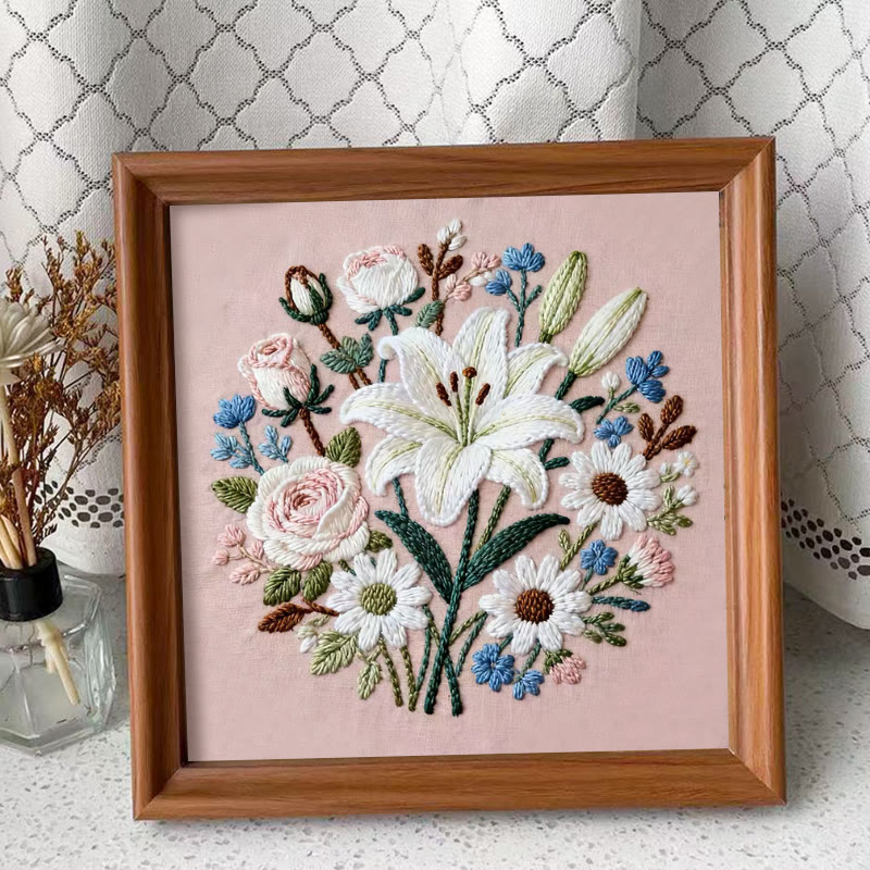 Rubbyoo Embroidery Kit - Lily Rose Floral Medley | Floral Embroidery | Giftworthy Elegant Wall Accent - Embroidery Kit Plus An Extra Frame - image 2