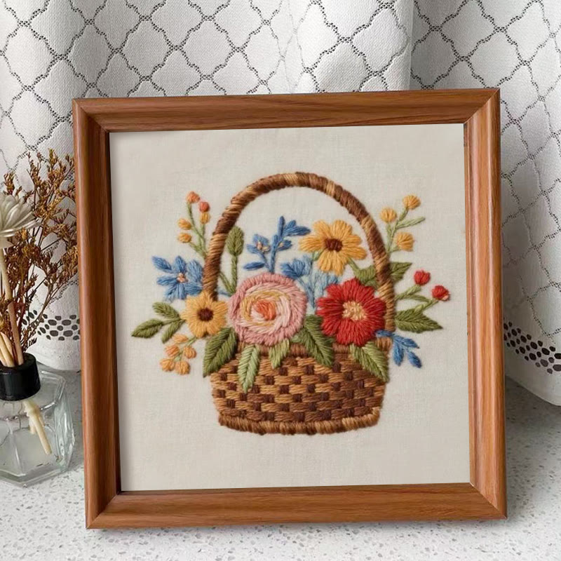 Rubbyoo Embroidery Kit - Blooming Basket Bouquet | Botanical Stitch Design | Charming Decorative Showcase - Embroidery Kit Plus An Extra Frame - image 2
