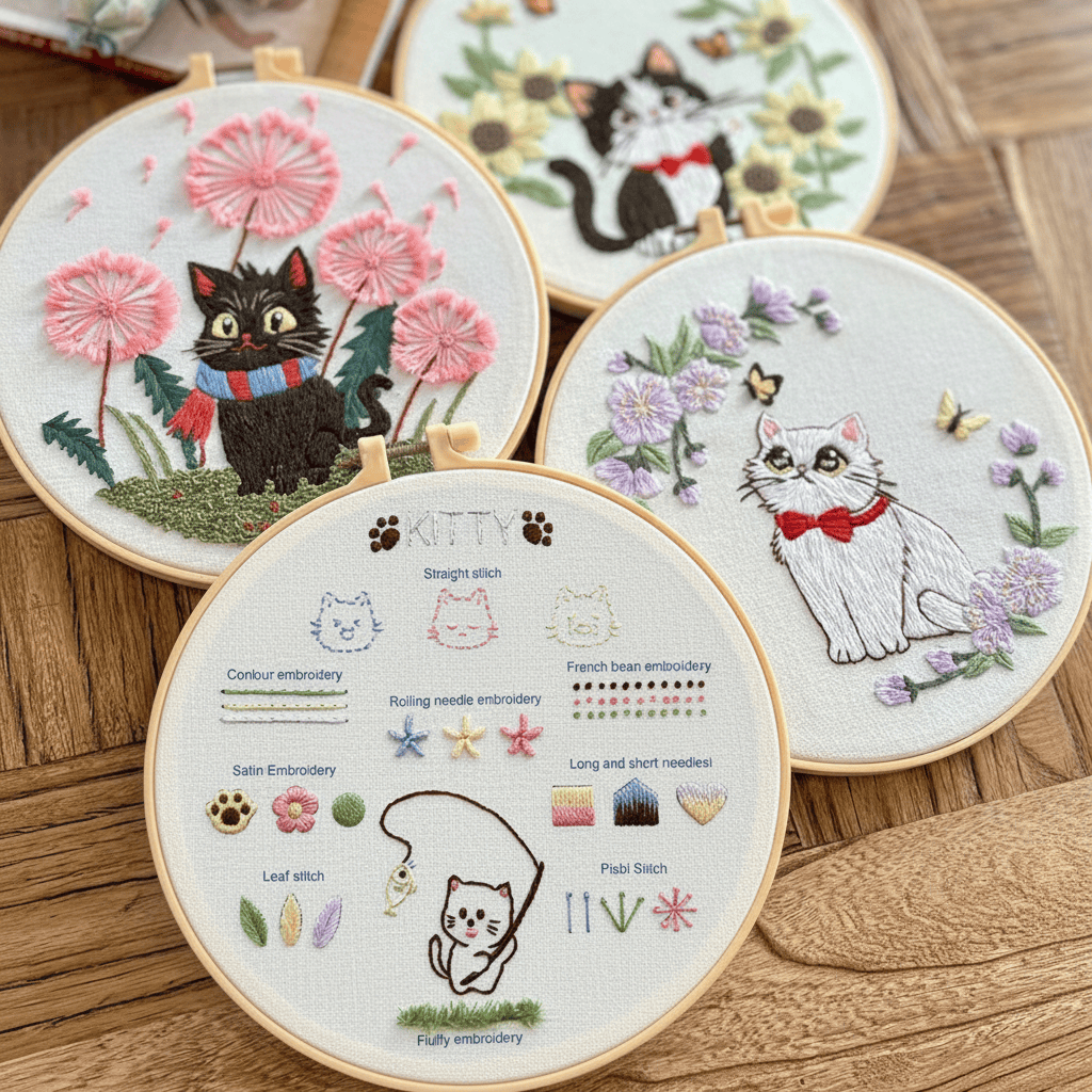 Rubbyoo 4-piece Kitten Embroidery Starter Kit - Lovely Cat Series | Beginners Stitch Practice   | Perfect Handicraft For Cat Lover - image 1