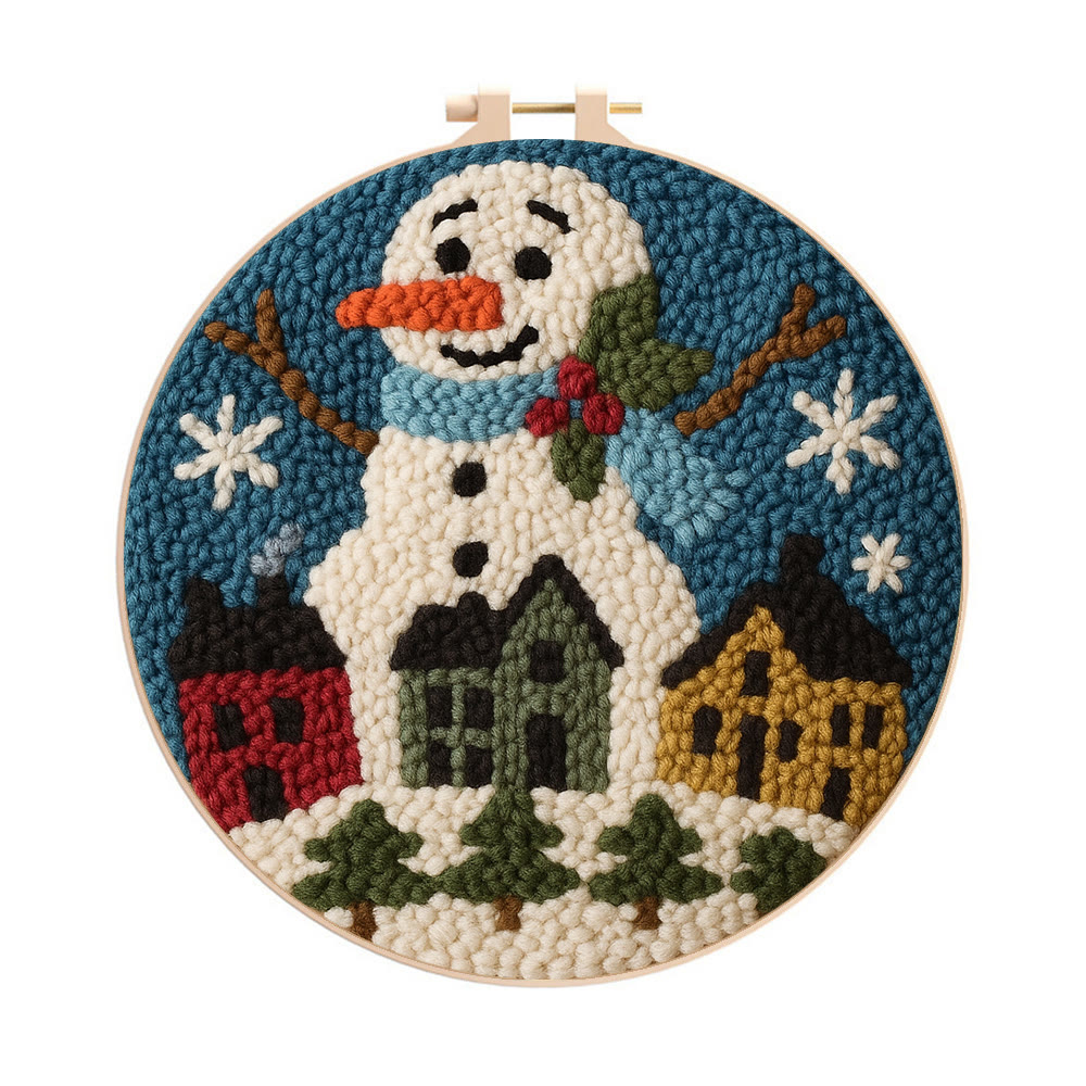 Village Snowman Punch Needle Kit – Beginner-Friendly Project | Charming Holiday Wall Piece - 8 inch Hoop Kit - image 1