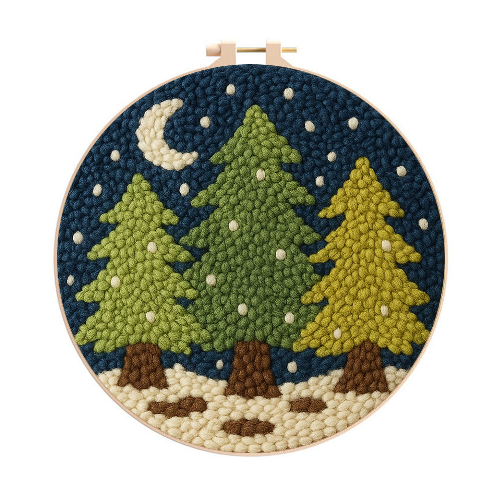 Nightfall Trees Punch Needle Kit – Starter Stitch Kit | Quiet Winter Wall Art - 8 inch Hoop Kit - image 1