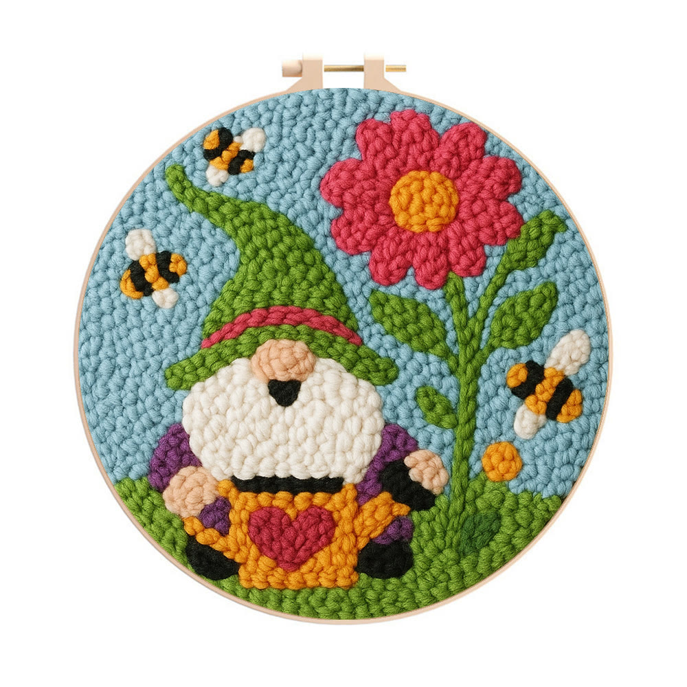 Cute Gnome Punch Needle Kit – Beginner-Friendly DIY Set | Colorful Garden Decor Craft - 8 inch Hoop Kit - image 1