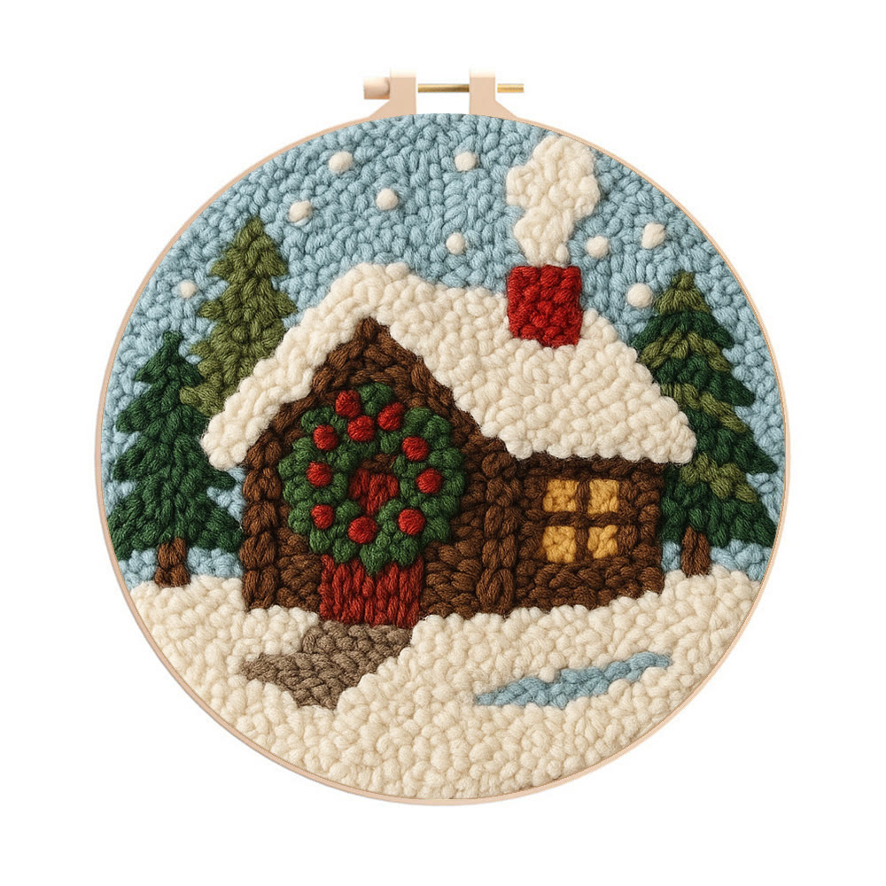 Snowy Cabin Punch Needle Kit – Beginner Winter Project | Handmade Holiday Idea - 8 inch Hoop Kit - image 1