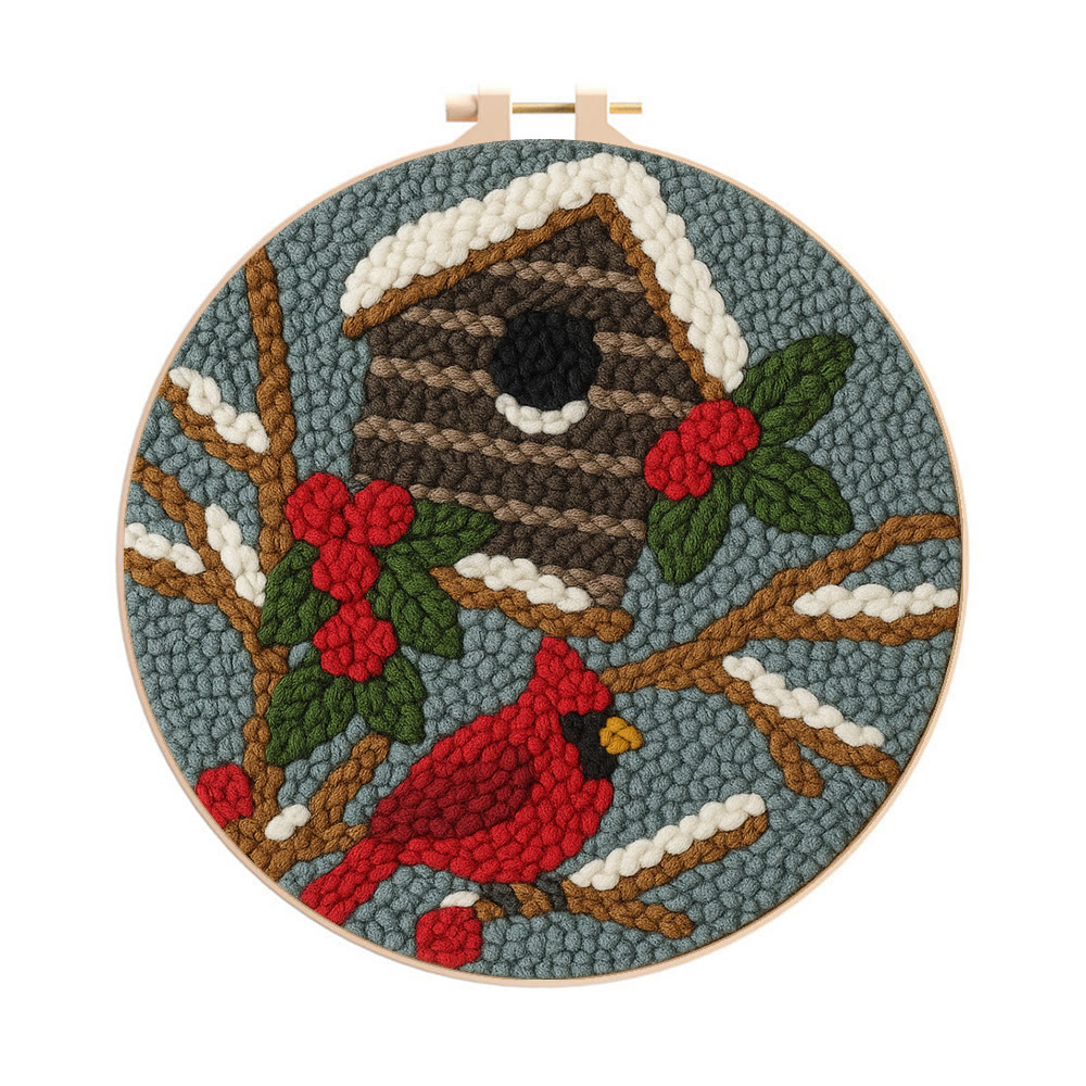 Cardinal In Winter Punch Needle Kit – Easy Festive Diy | A Comforting Handmade Moment - 8 inch Hoop Kit - image 1