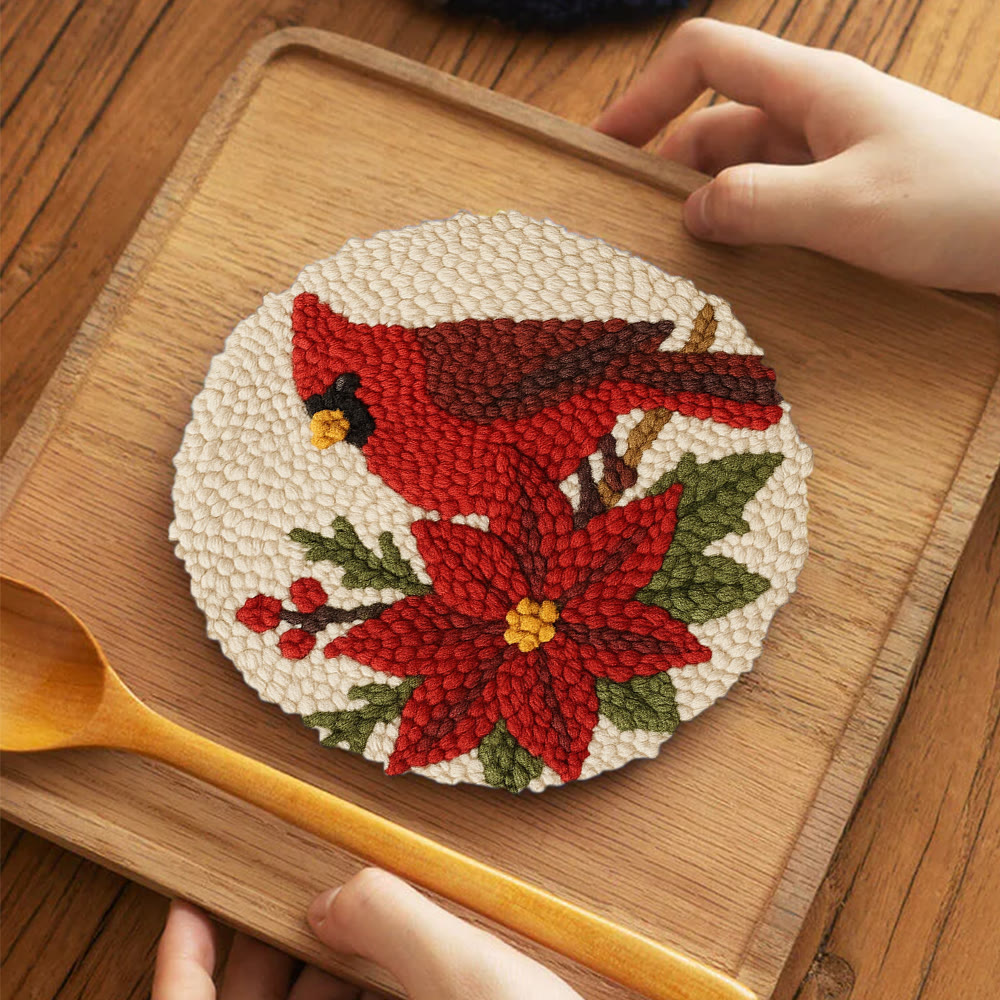 Cardinal Punch Needle Kit – Beginner-Friendly Project | Festive Winter Home Piece - 5 inch Coaster Kit - image 4