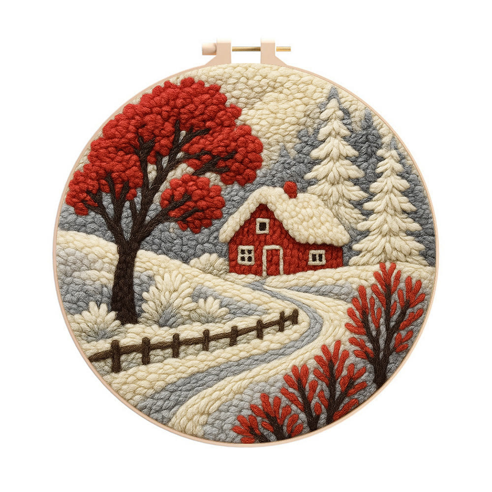 Winter Cottage Punch Needle Kit – Perfect Gift for Craft Lovers | Scenic Handmade Home Decor - 8 inch Hoop Kit - image 1