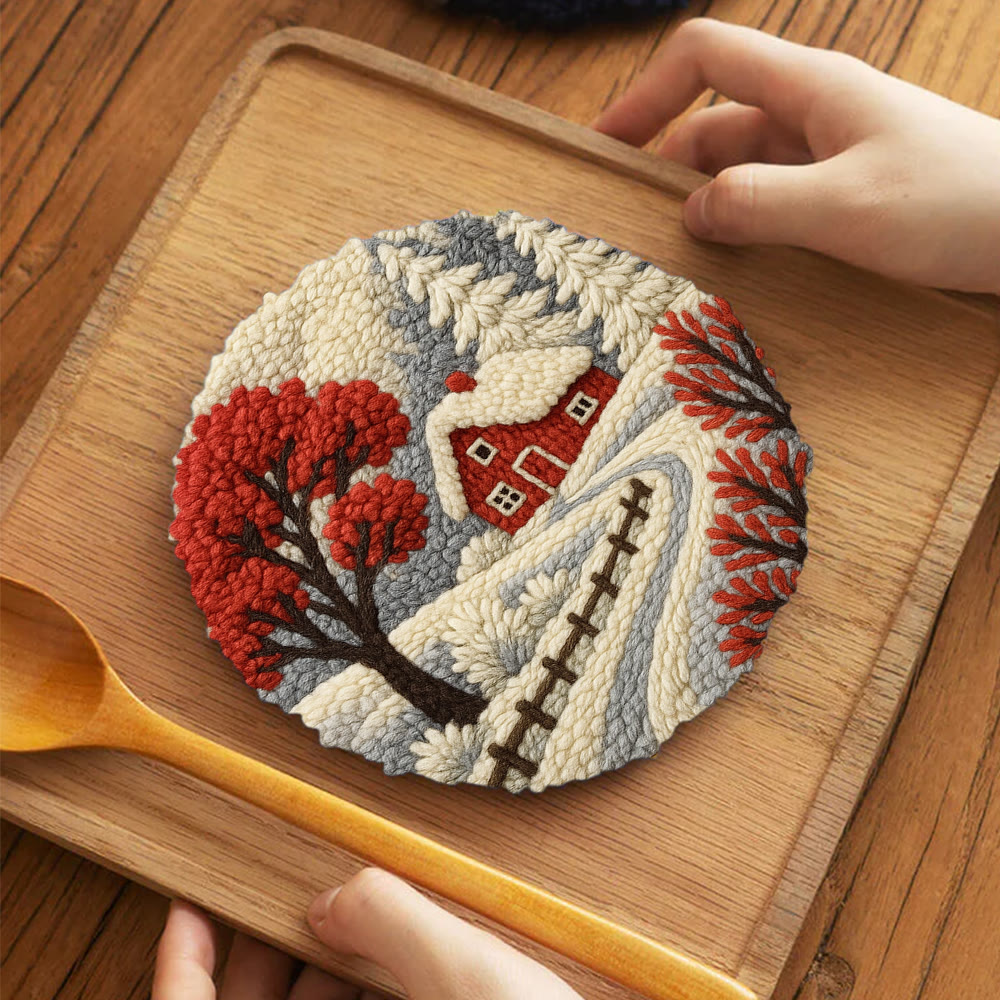 Winter Cottage Punch Needle Kit – Perfect Gift for Craft Lovers | Scenic Handmade Home Decor - 5 inch Coaster Kit - image 4