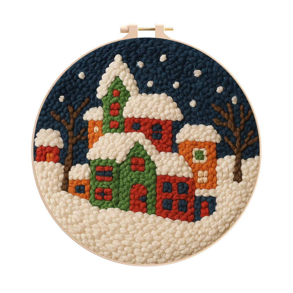 Winter Village Punch Needle Kit – Easy Beginner DIY Set | Winter Home Accent - 8 inch Hoop Kit - image 1