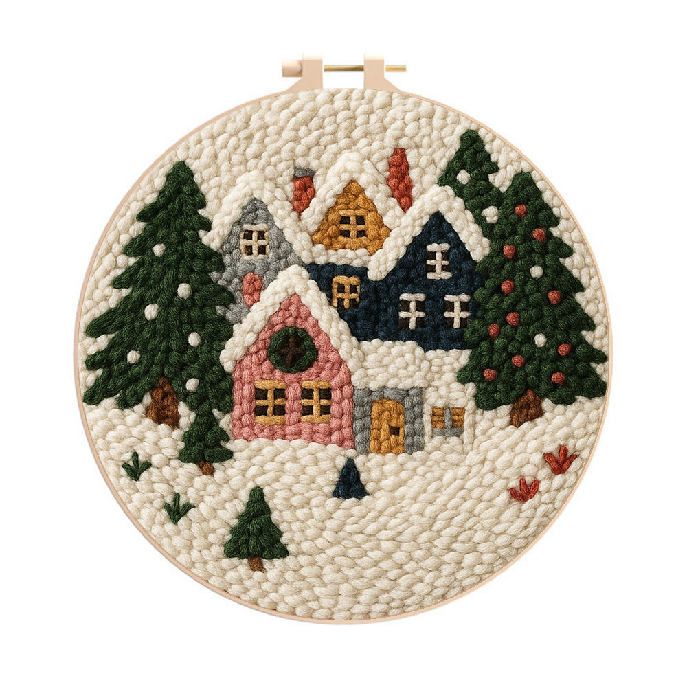 Snowy Village Punch Needle Kit – Simple DIY Project | Cozy Holiday Display - 8 inch Hoop Kit - image 1