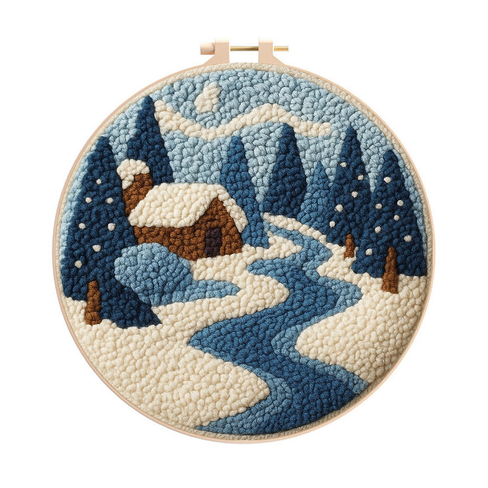 Winter Cabin Punch Needle Kit – Ideal Gift For Nature Lovers | Cozy Handmade Winter Portrait - 8 inch Hoop Kit - image 1