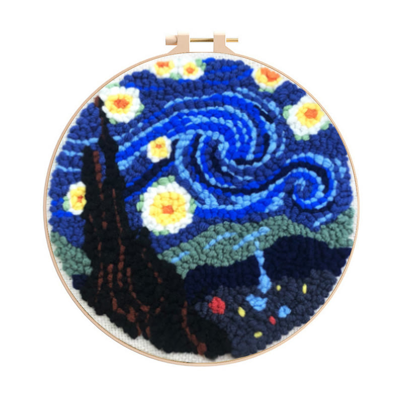 Starry Night Punch Needle Kit – Artistic DIY Design | Expressive Handmade Home Accent - 8 inch Hoop Kit - image 1