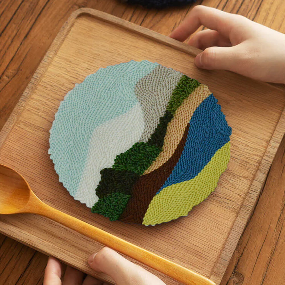Serene Landscape Punch Needle Kit – Peaceful DIY Project | Relaxing Nature-Inspired Wall Art - 5 inch Coaster Kit - image 4