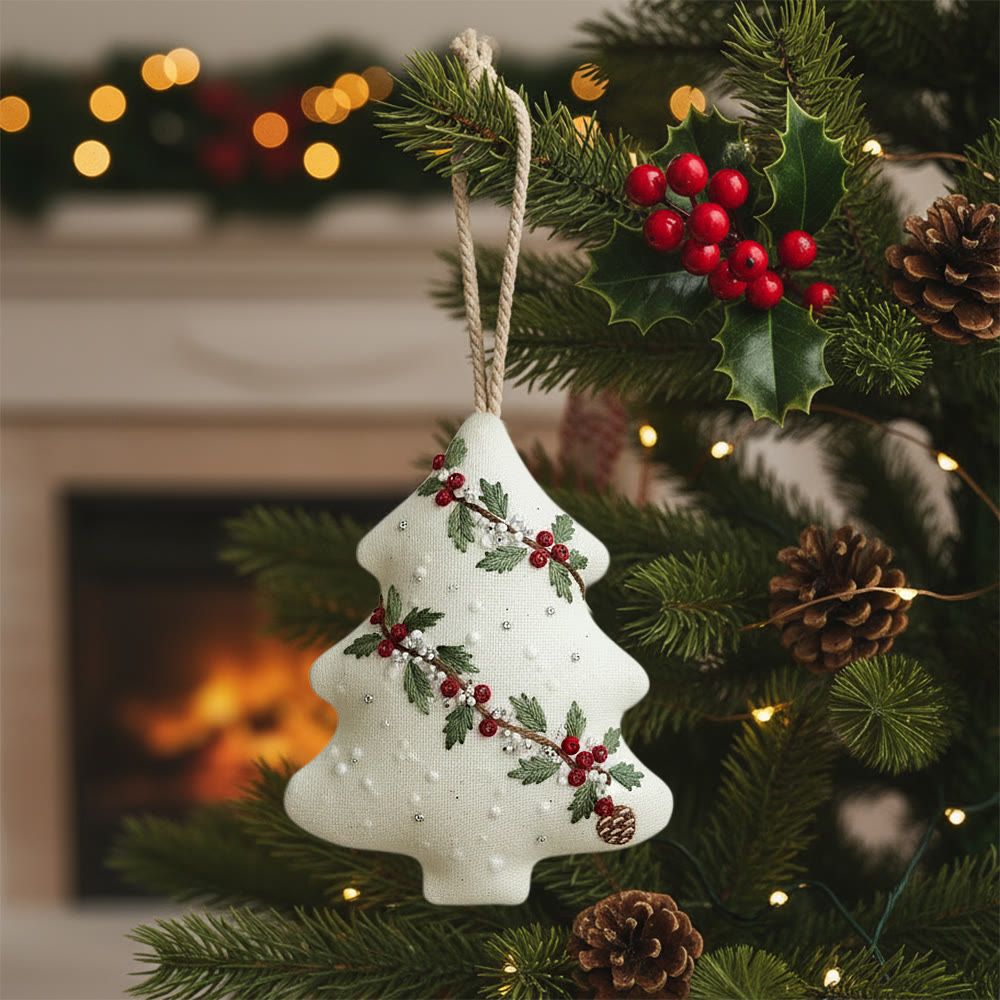 Rubbyoo Tree-shaped Embroidery Kit - Holly Berry Detailed Motif | Exquisitely Detailed Stitchwork | Sophisticated Festive Hanging Accent - 6 inches hoop kit - image 1