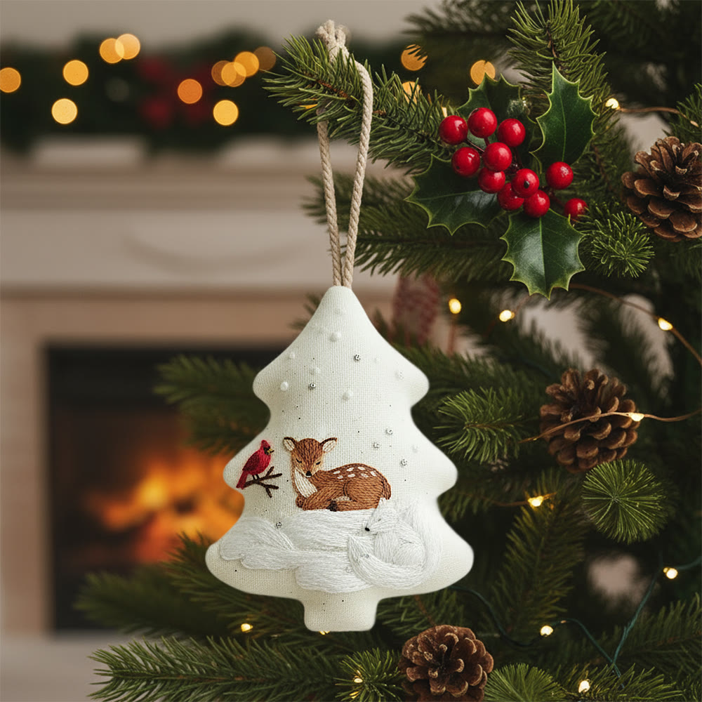 Rubbyoo Tree-shaped Embroidery Kit - Deer And Cardinal Winter | Luxe Detailed Stitchwork | Festive Tree Keepsake - 6 inches hoop kit - image 1