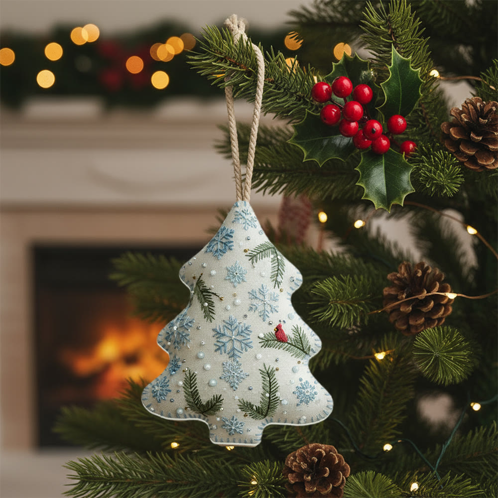 Rubbyoo Tree-shaped Embroidery Kit - Blue Snowflake-Cardinal | Easy Beginner DIY Stitchwork | Approachable Holiday Craft - 6 inches hoop kit - image 1