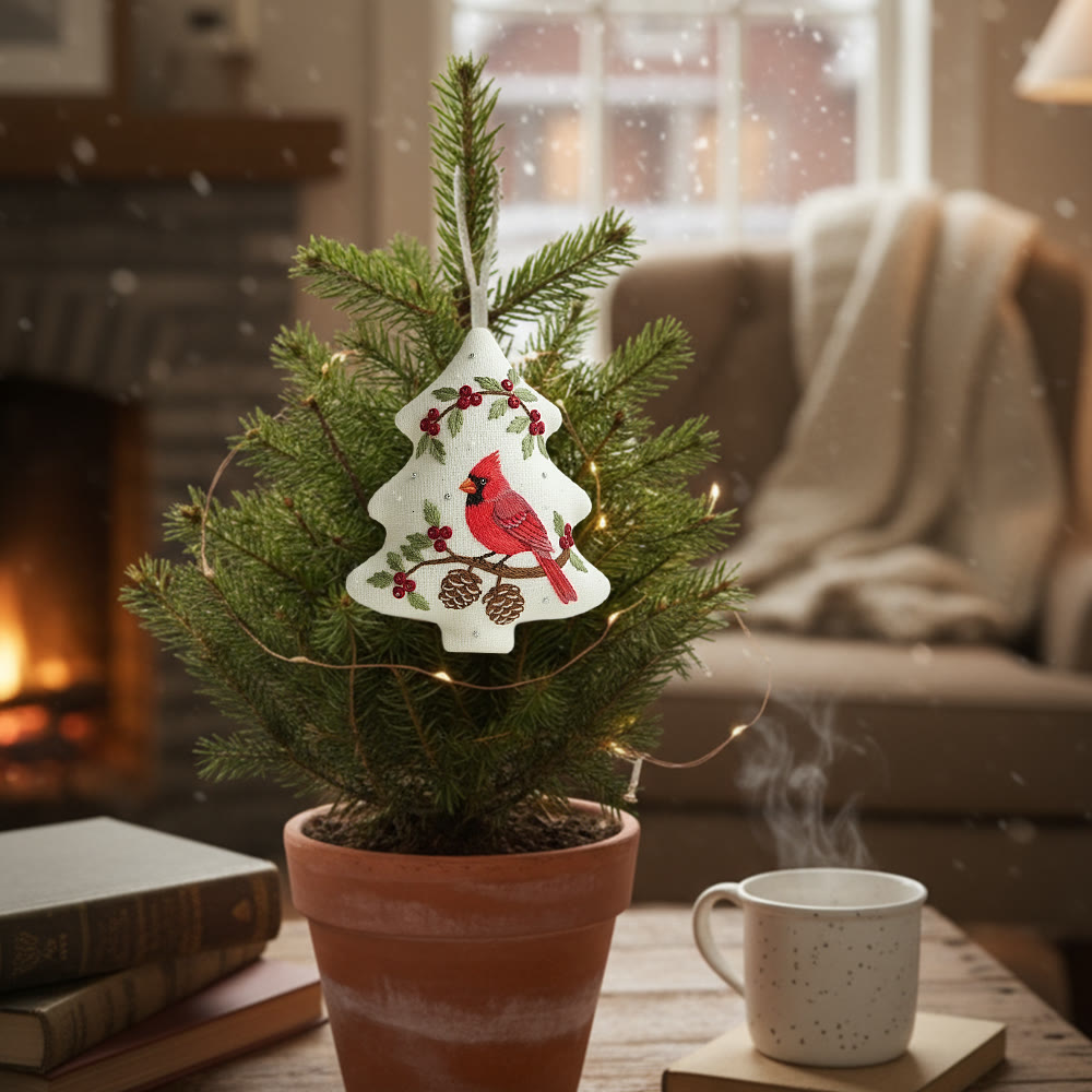 Rubbyoo Tree-shaped Embroidery Kit - Red Cardinal Holly Pinecones | Beginner-Friendly Stitching | Christmas Tree Accent - image 3