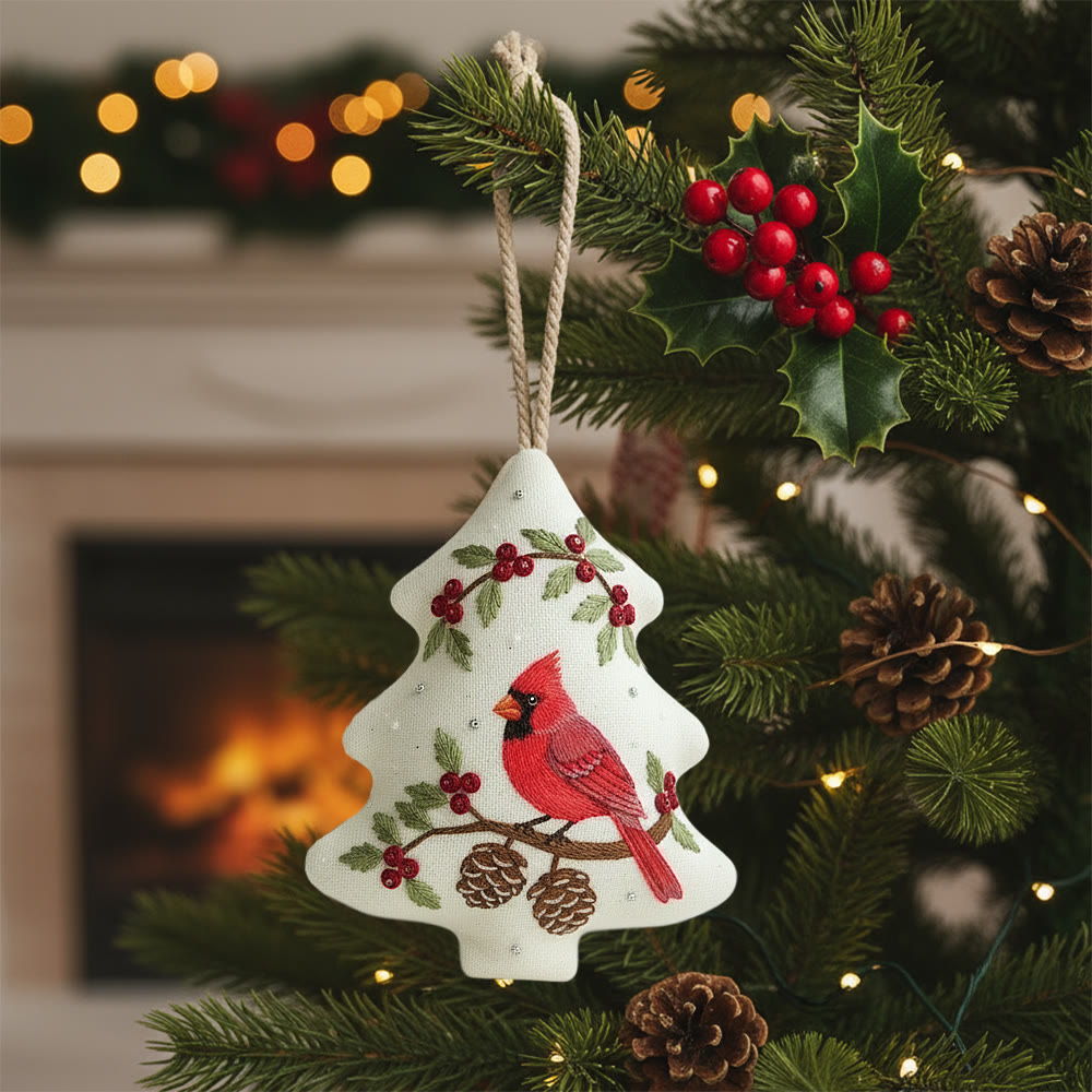 Rubbyoo Tree-shaped Embroidery Kit - Red Cardinal Holly Pinecones | Beginner-Friendly Stitching | Christmas Tree Accent - 6 inches hoop kit - image 1