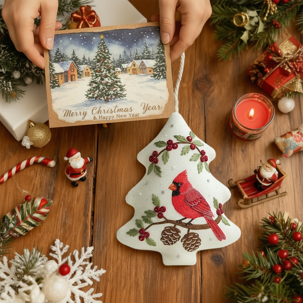 Rubbyoo Tree-shaped Embroidery Kit - Red Cardinal Holly Pinecones | Beginner-Friendly Stitching | Christmas Tree Accent - image 8