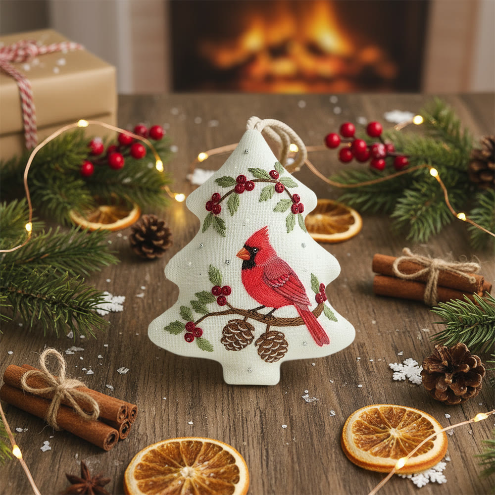 Rubbyoo Tree-shaped Embroidery Kit - Red Cardinal Holly Pinecones | Beginner-Friendly Stitching | Christmas Tree Accent - image 7