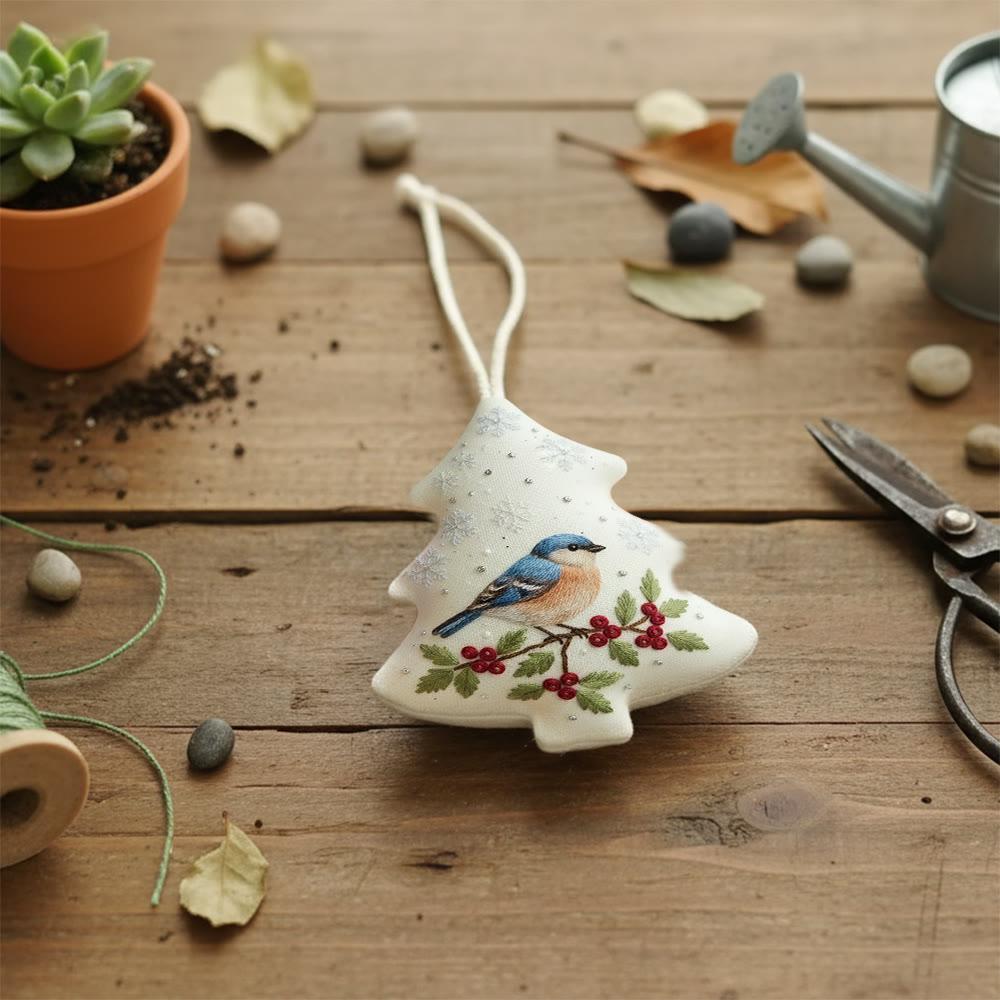 Rubbyoo Tree-shaped Embroidery Kit - Winter Bluebird Berry | Delicate Bird-Themed Stitching | Elegant Ornament Gift - image 3