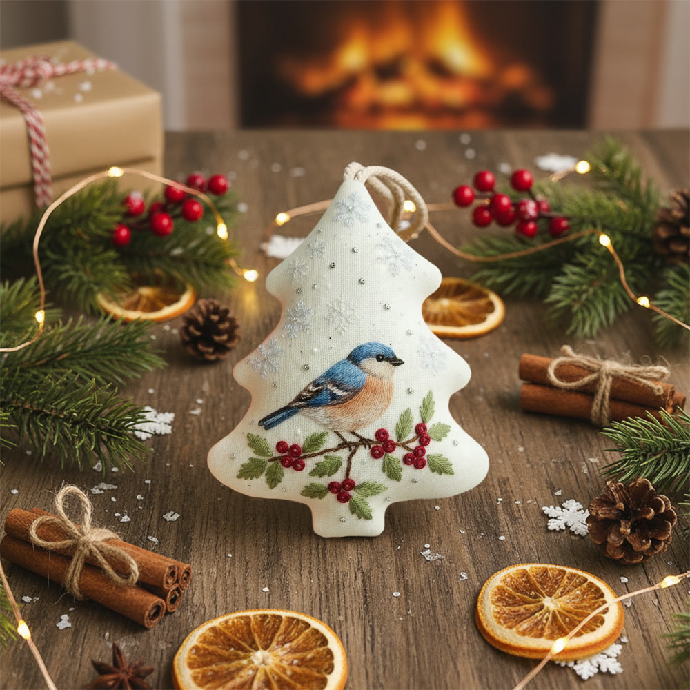 Rubbyoo Tree-shaped Embroidery Kit - Winter Bluebird Berry | Delicate Bird-Themed Stitching | Elegant Ornament Gift - image 8