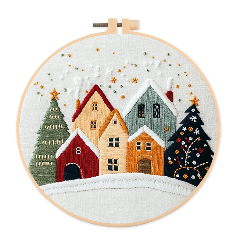 Rubbyoo Embroidery Kit - Village Snowscape | Festive Christmas Gift | Hand Embroidery Stitch Art - 20*20cm - image 1