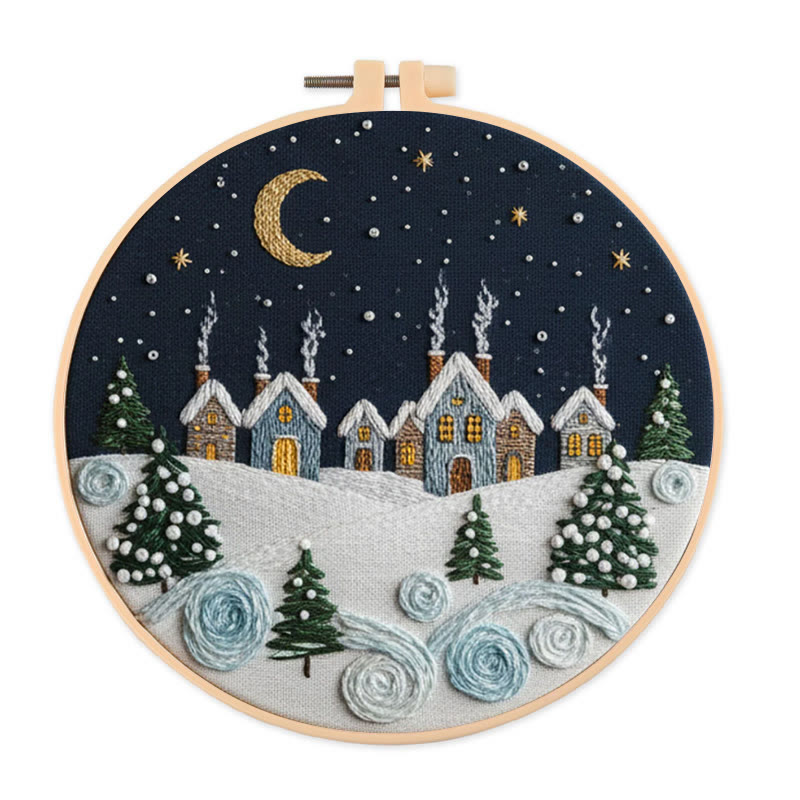 Rubbyoo Embroidery Kit - Moonlit Snow Town | Cozy Home Ornament | Hand Stitch Craft - 20*20cm - image 1