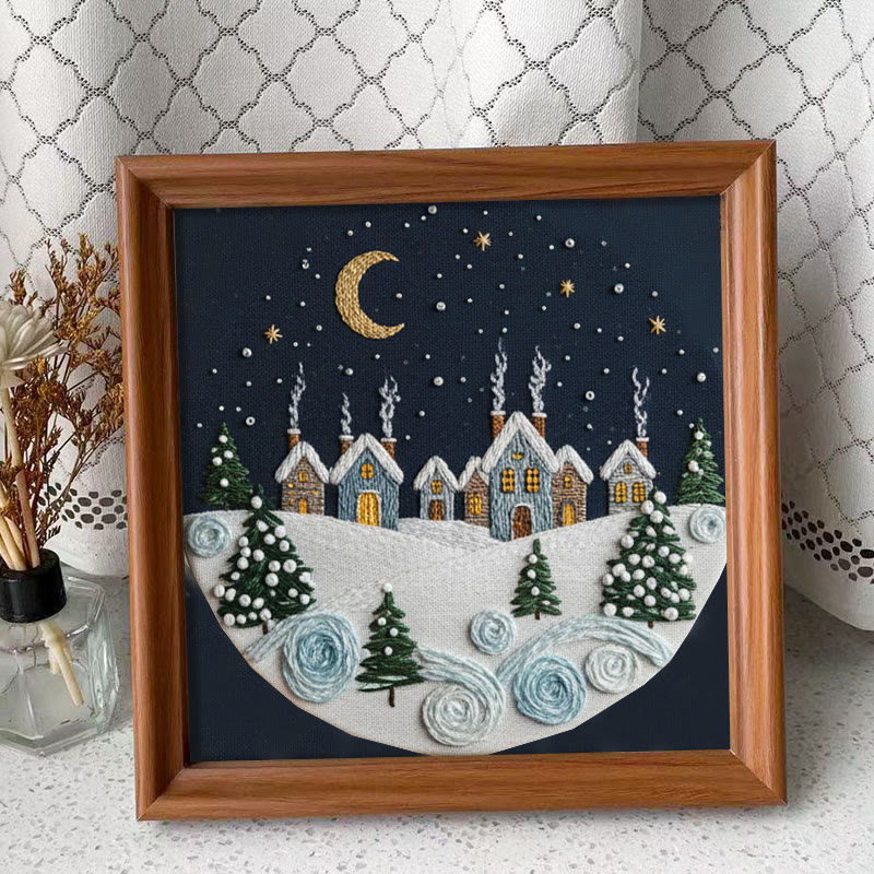 Rubbyoo Embroidery Kit - Moonlit Snow Town | Cozy Home Ornament | Hand Stitch Craft - Embroidery Kit Plus An Extra Frame - image 4