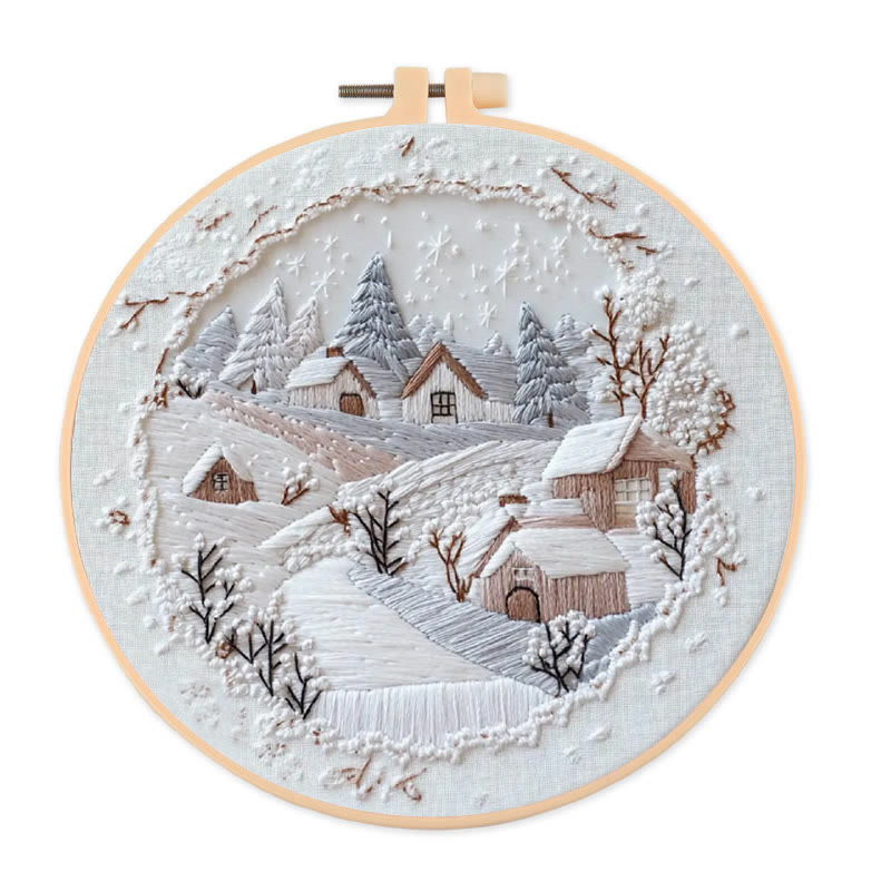 Rubbyoo Embroidery Kit - Frosty Woodland Village | Wintry Decor Piece | Textured Embroidery Work - 20*20cm - image 1