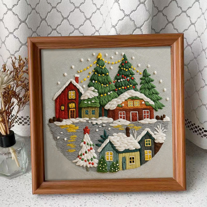 Rubbyoo Embroidery Kit - Christmas Colorful Cottage | Ideal Holiday Gifting Choice | Rich Texture Stitch Craft - Embroidery Kit Plus An Extra Frame - image 4