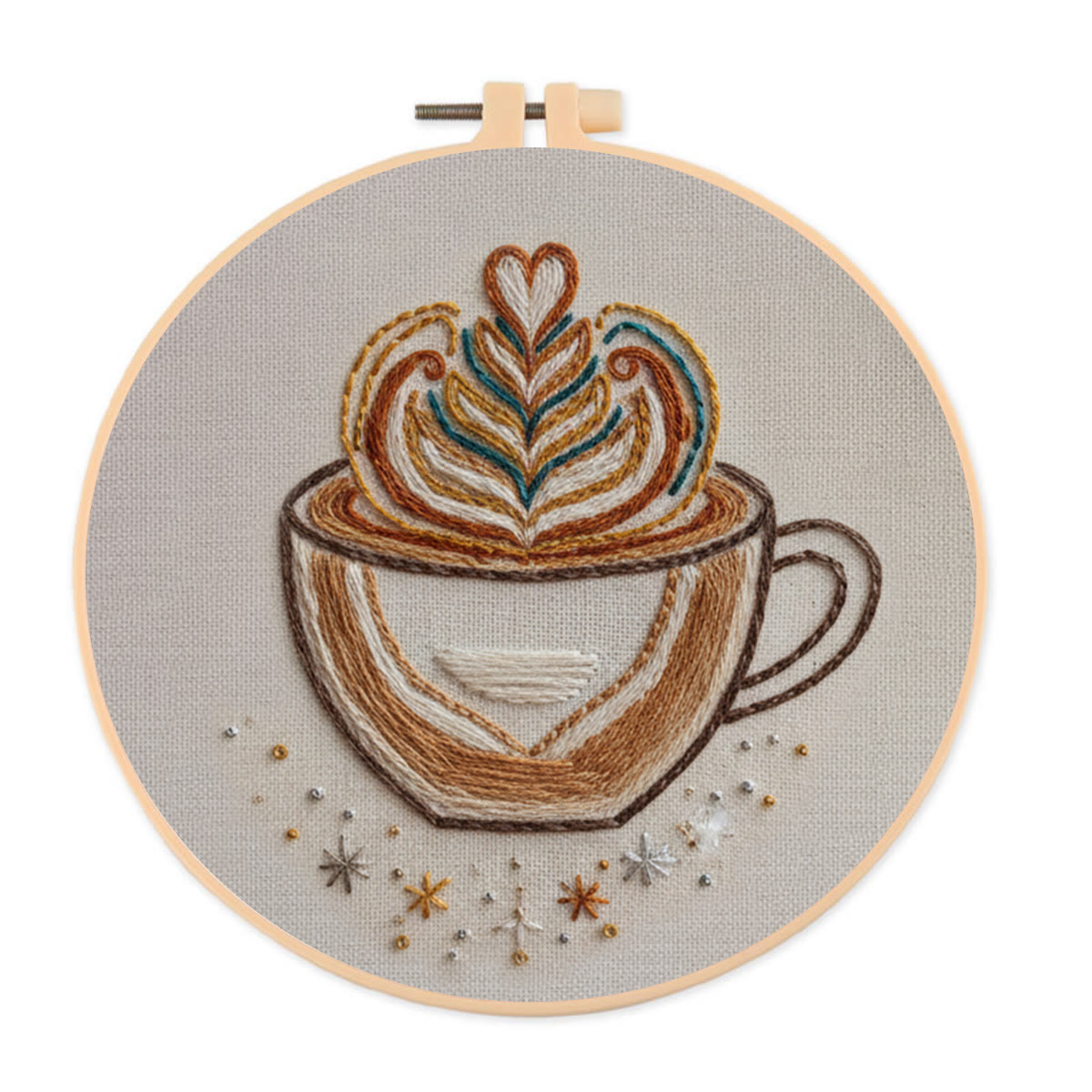 Rubbyoo Embroidery Kit - Latte Art Coffee Cup | Novice-Friendly Handcraft Project | Warm Textured Embroidery Piece - 20*20cm - image 1