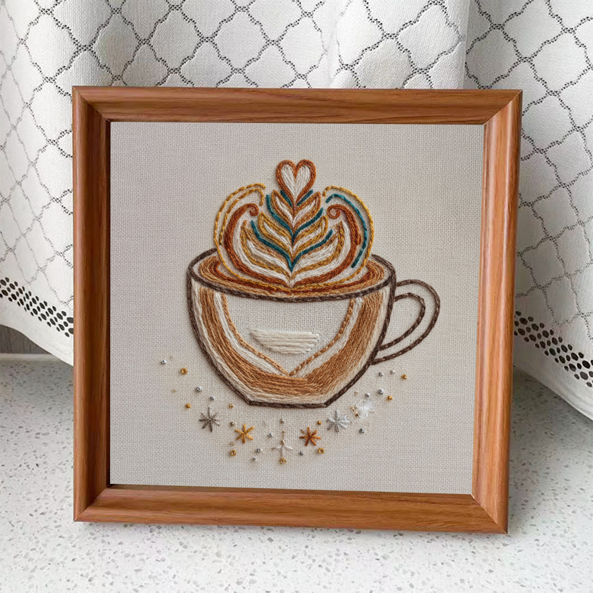 Rubbyoo Embroidery Kit - Latte Art Coffee Cup | Novice-Friendly Handcraft Project | Warm Textured Embroidery Piece - Embroidery Kit Plus An Extra Frame - image 4