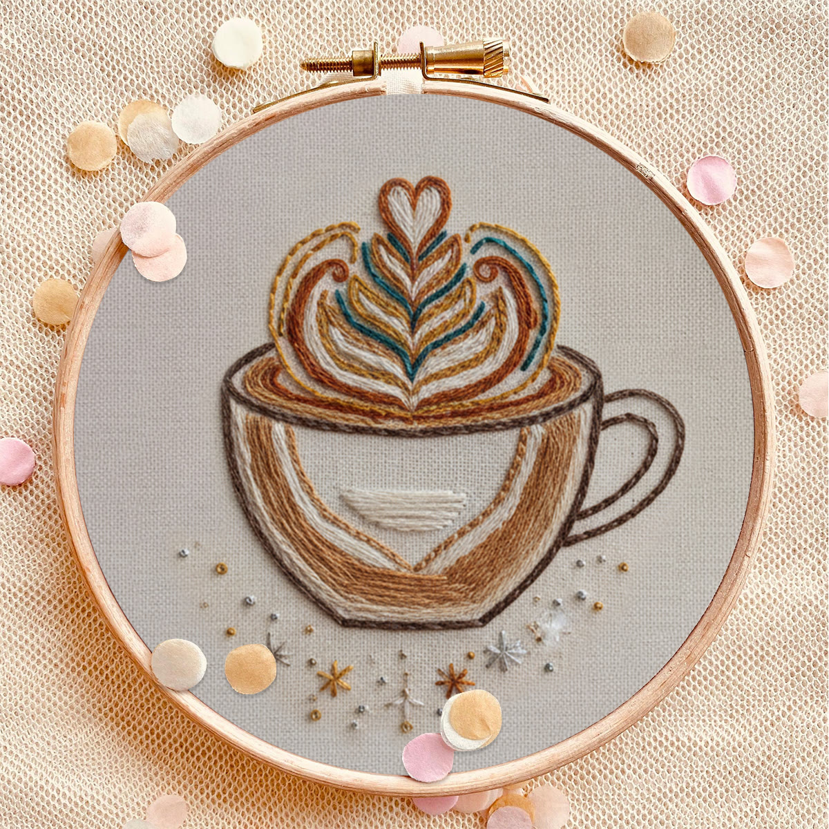 Rubbyoo Embroidery Kit - Latte Art Coffee Cup | Novice-Friendly Handcraft Project | Warm Textured Embroidery Piece - image 2