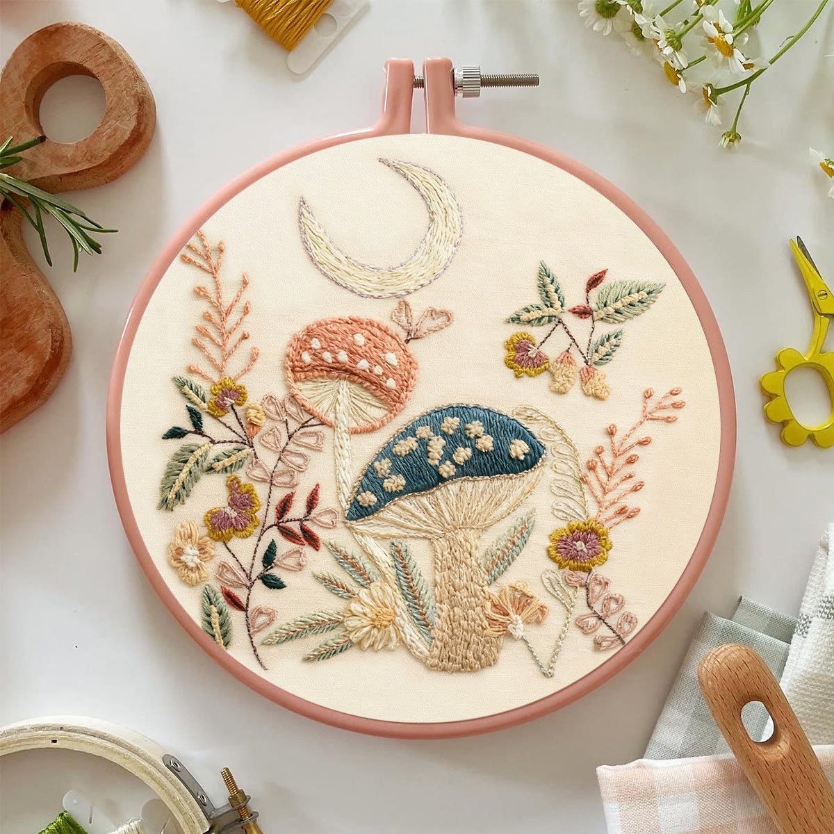 Rubbyoo Embroidery Kit - Mushroom With Moon | Diy Hoop Art | Perfect Needle Craft For Beginner  - image 3