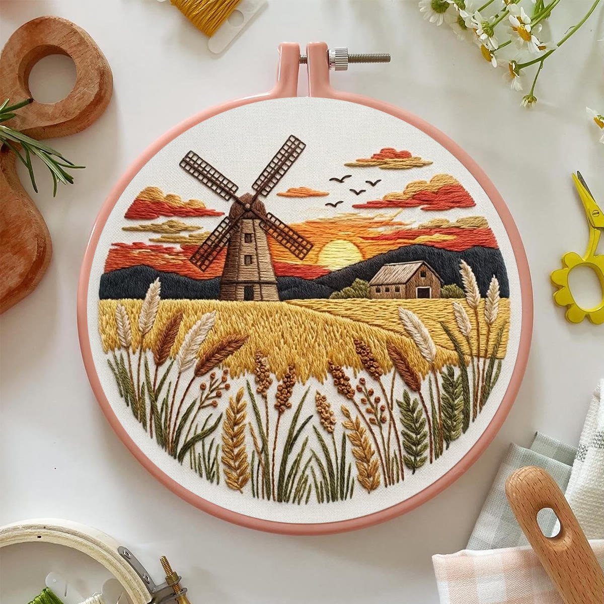 Rubbyoo Embroidery Kit - Countryside Sunset | Creative Landscape Craft | Handmade Desk Ornament - image 2