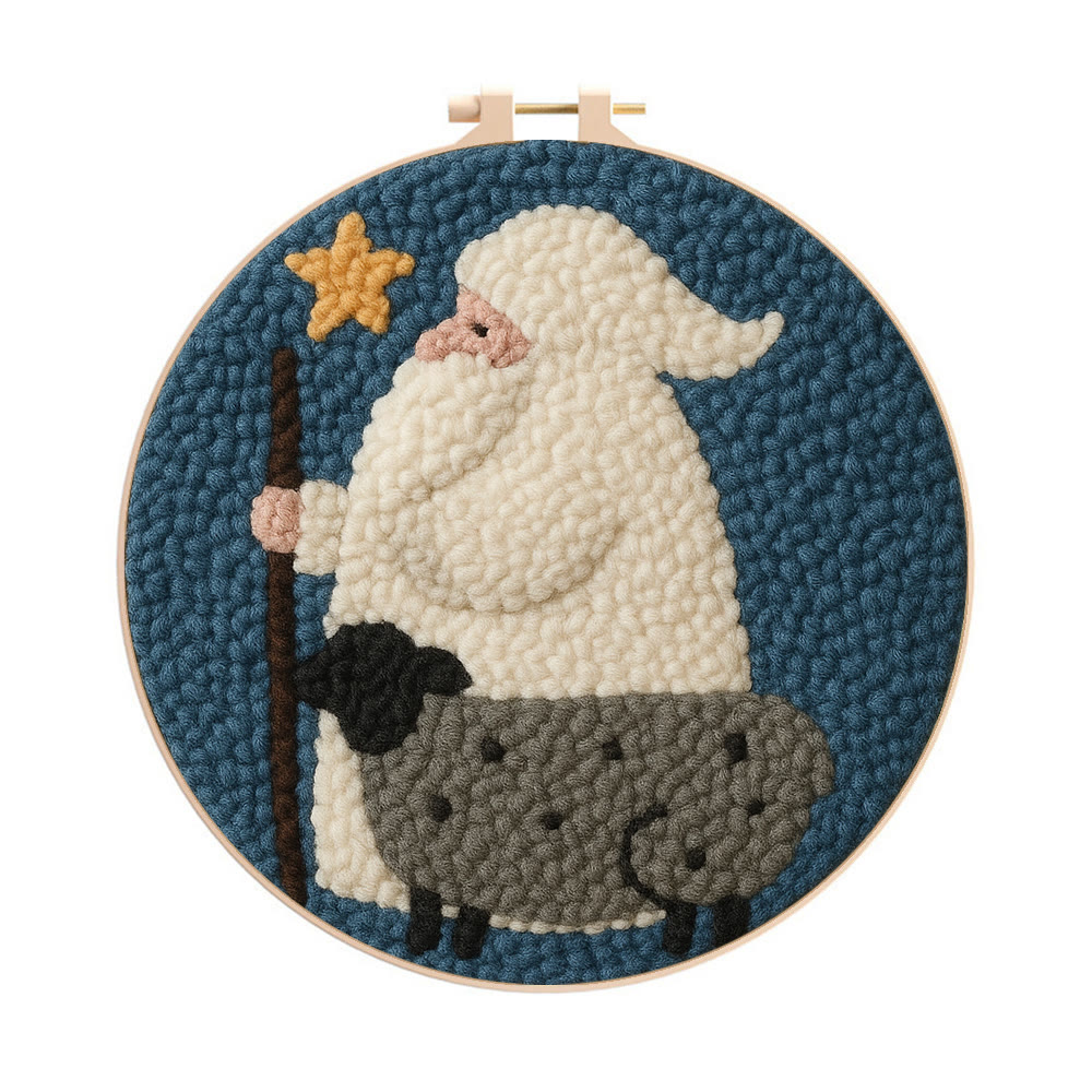 Warm Shepherd With Star Punch Needle Kit – Cozy Diy Craft Project | Festive Holiday-inspired Wall Art - 8 inch Hoop Kit - image 1