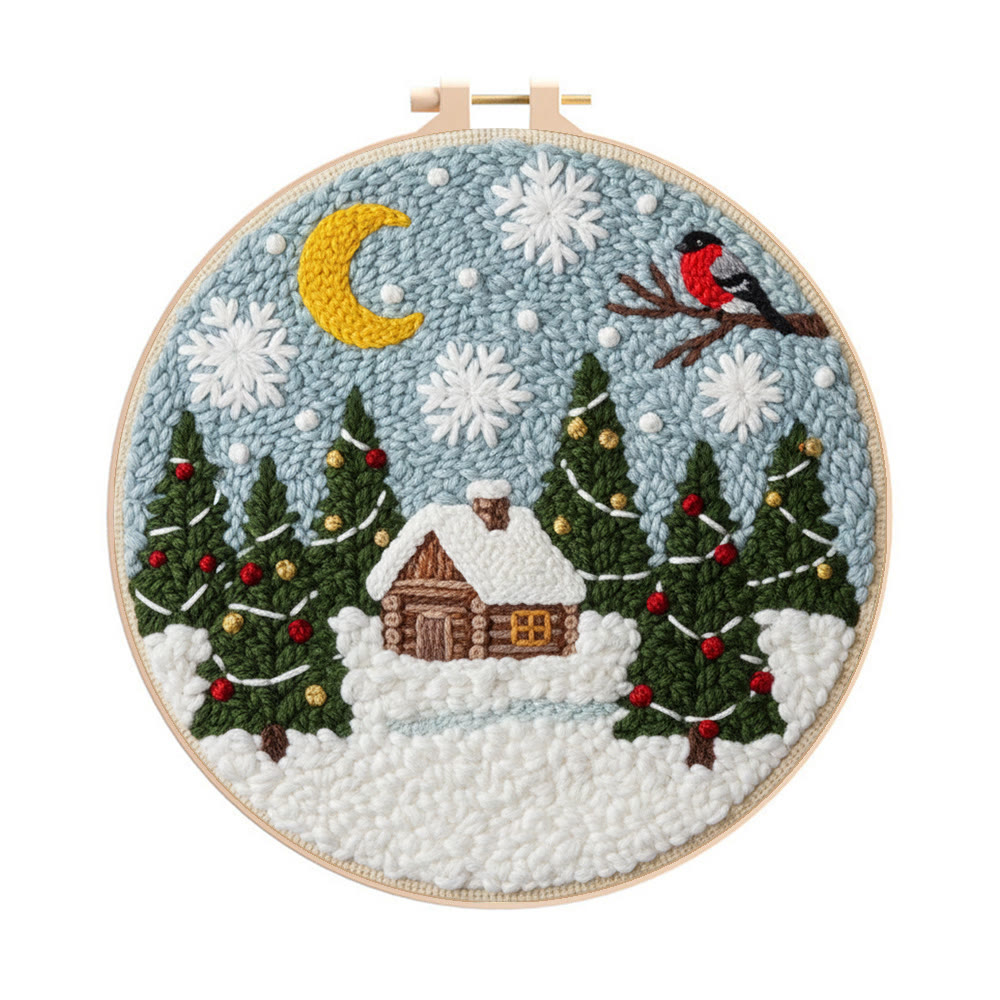 Christmas Snow Cottage Punch Needle Kit – Beginner Craft | Charming Christmas Wall Decor - 8 inch Hoop Kit - image 1