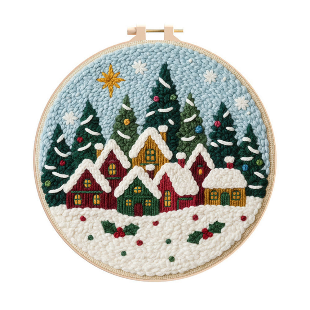 Twinkling Snowy Village Punch Needle Kit – Handmade Gift | Charming Seasonal Wall Piece - 8 inch Hoop Kit - image 1