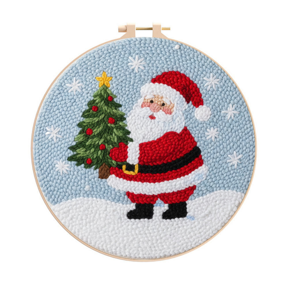 Snowy Santa With Christmas Tree Punch Needle Kit – Artisanal Gift | Cheerful Holiday Decor - 8 inch Hoop Kit - image 1