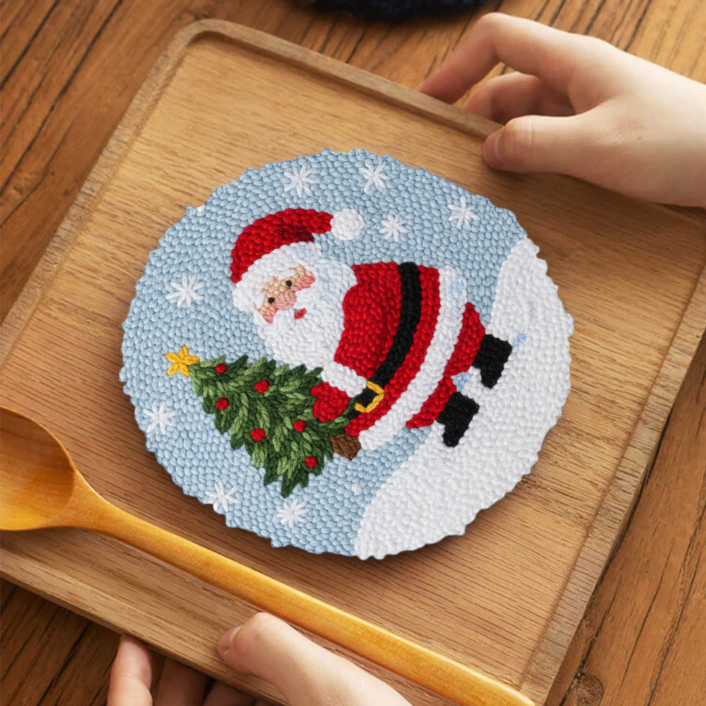 Snowy Santa With Christmas Tree Punch Needle Kit – Artisanal Gift | Cheerful Holiday Decor - 5 inch Coaster Kit - image 4