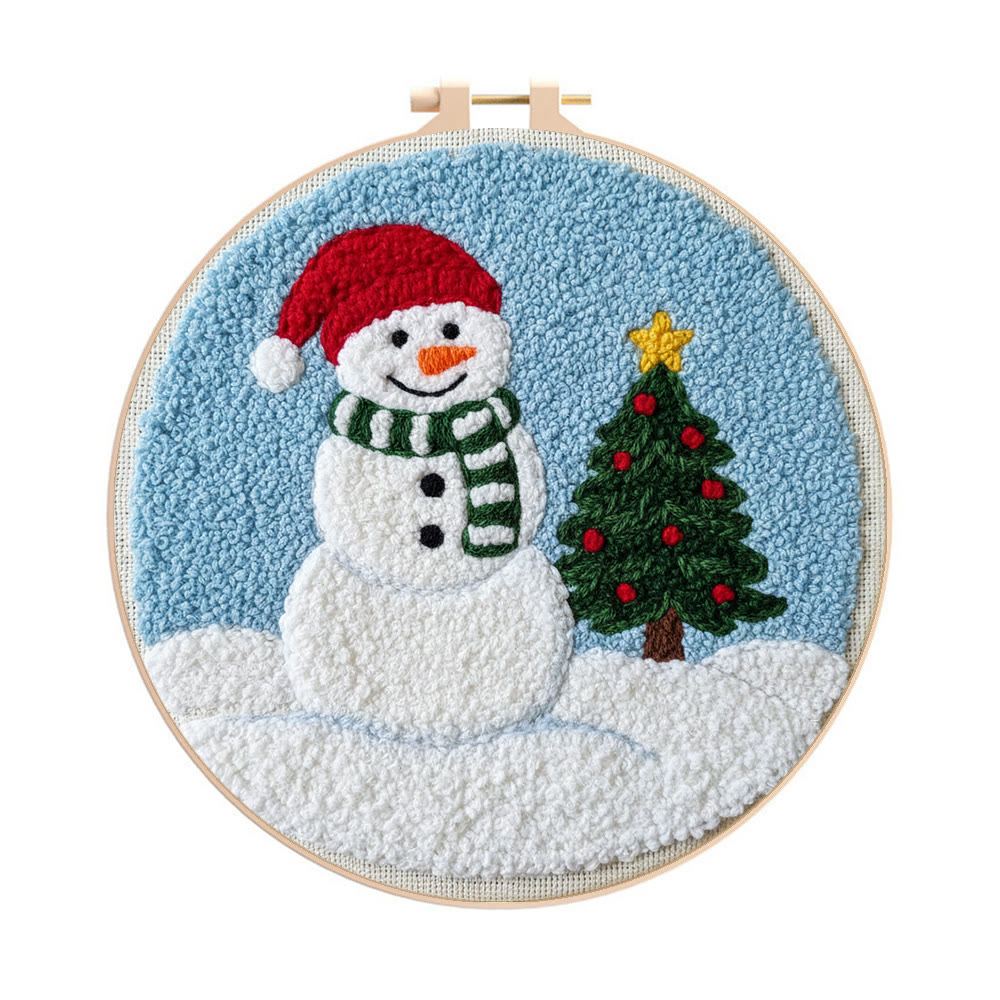 Santa-Hatted Snowman Tree Punch Needle Kit – Beginner Handcraft | Festive Decor Piece - 8 inch Hoop Kit - image 1